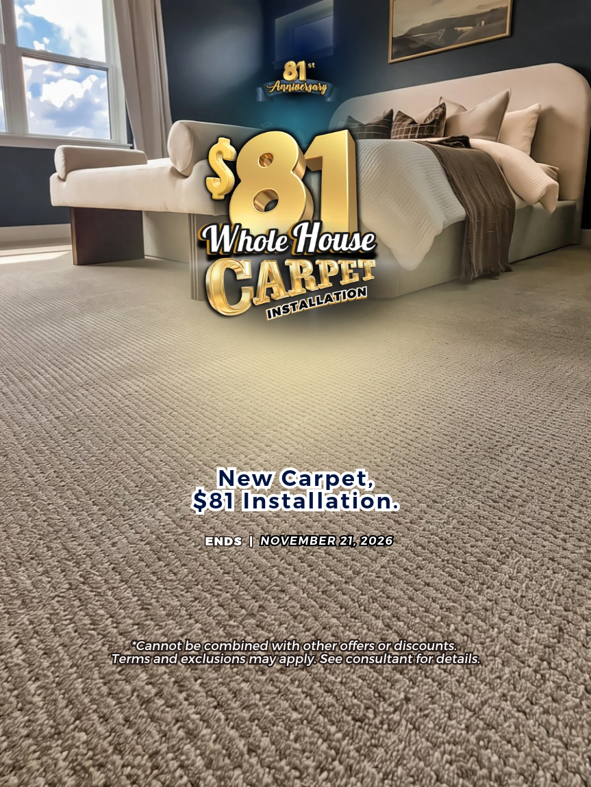 $81 carpet installation anniversary event at coyle carpet one, Madison wi