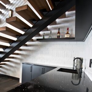 home bar with black quartz countertop