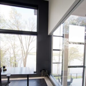 modern lake house home office with vinyl flooring