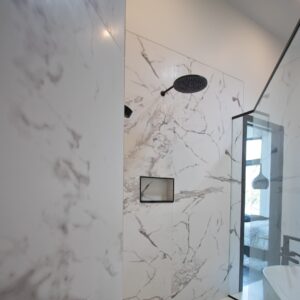 modern lake home with marble shower