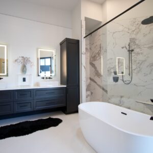 black and white bathroom in wisconsin lake house
