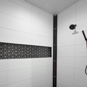 black and white tile shower with patterns by coyle carpet, madison, wi