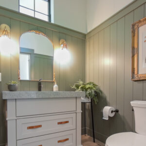 powder room with hickory wood floors