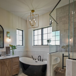 modern european bathroom with tiled half wall