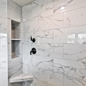 classic contemporary shower with bench and shelves
