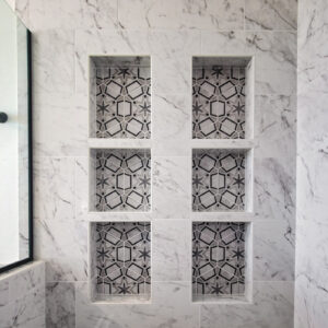 modern cottage shower design, shower niche tile - somer tile, mazzo collection in starburst hexagon with emser tile, sterlina 12x24 gray