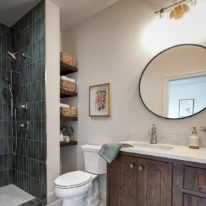 transitional french tudor white oak bathroom vanity by Shiloh Cabinetry in Dusk