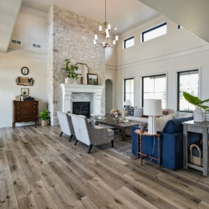 transitional french tudor lofted great room design