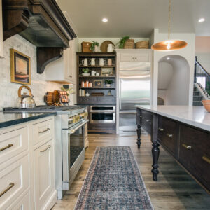 transitional french tudor kitchen with Perimeter cabinets and kitchen island by Coyle Carpet One