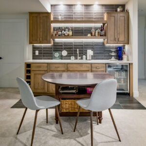 Transitonal Boho Home bar with charcoal backsplash tile and comfortable carpet by Shaw Floors