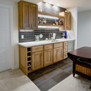 transitional boho home bar design