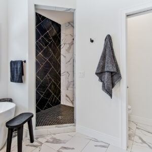 Transitonal Boho primary bathroom design