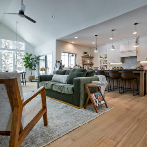 Transitonal Boho main living area using French white oak wood floors by arbor ranch, monument in ponderosa