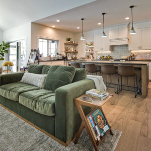 Transitonal Boho living room design using French white oak wood floors by arbor ranch, monument in ponderosa