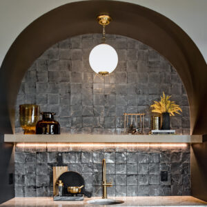 dinette backsplash tile by virginia tile, enso graphite 5x5 kintsugi