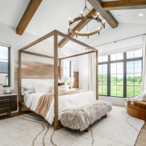 organic modern bedroom room with textured neutrals, warm accents
