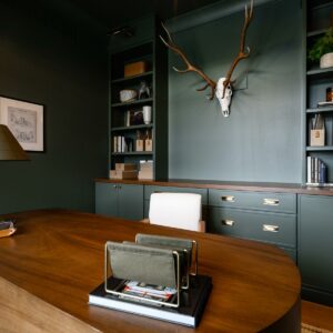 home office built-ins by shiloh cabinetry in pewter green on maple, with a rye on walnut top