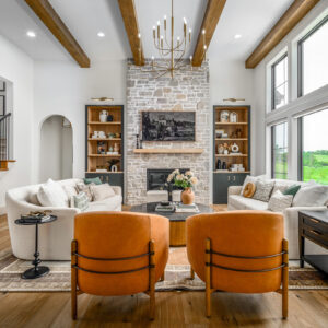 built-in shelves around fireplace by shiloh cabinetry in iron ore on red oak