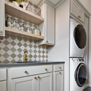 laundry room floors by trends, aphrodite 12x24 winter. backsplash tile by virginia tile, casablanca 4x4 white and cream