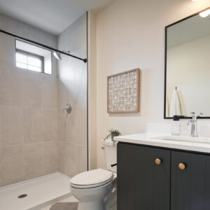 modern transitional elegance, Stylish bathroom featuring checkered black and white tile floors and coordinating beige wall tile, creating a bold and timeless design in Sun Prairie, WI.