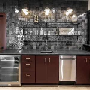 modern transitional elegance, Modern home bar showcasing a black 4x4 tile backsplash paired with durable Casabella LVP flooring in South Khaki-Lackey, creating a sophisticated and functional space.