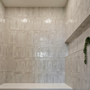 modern transitional elegance, Primary bathroom shower showcasing Equipe Splendours 3x12 white subway tile installed in a soldier course pattern on the walls and Daltile Famed Penny Round Mosaic in Diamond Matte on the floor, designed by Coyle Carpet One in Madison, WI.