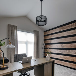 This home office is complemented by Dreamweaver Mykonos carpet in Serene, offering soft comfort and a neutral palette for a productive and inviting workspace.